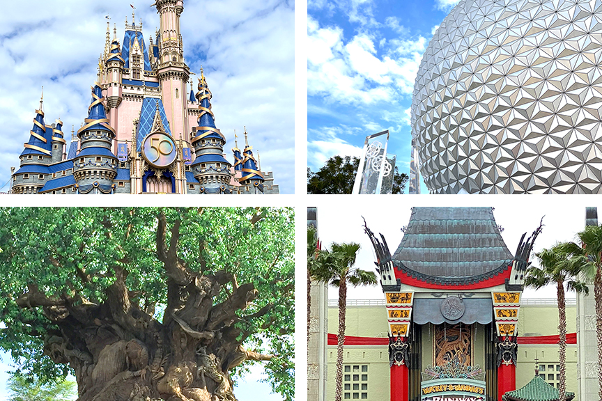 cinderella's castle, spaceship earth, tree of life, and the theater - park icons of walt disney world