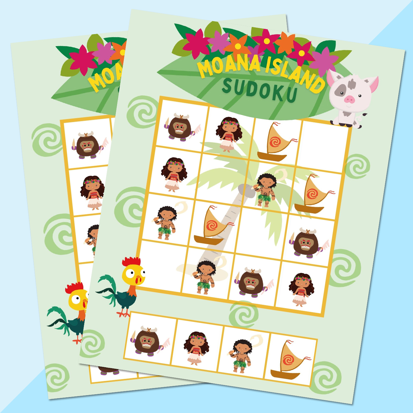 printable moana sudoku game on blue background