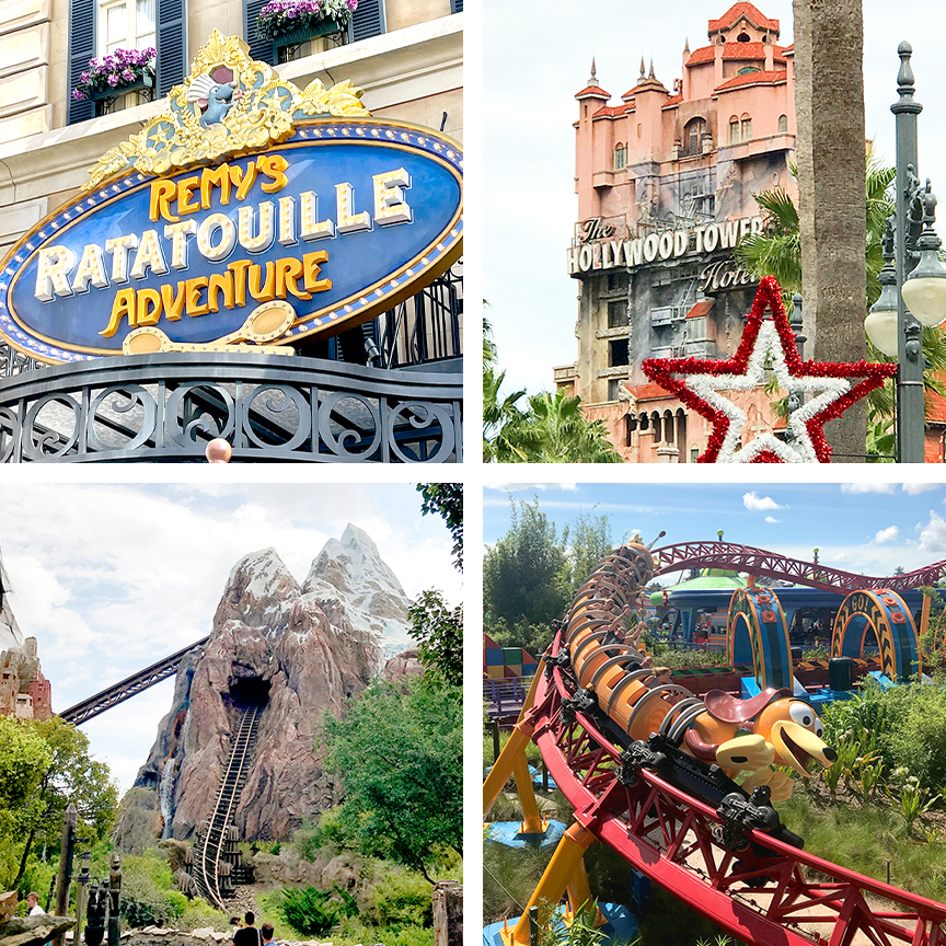 ratatouille ride at epcot, hollywood tower of terror, slinky dog dash, expedition everest