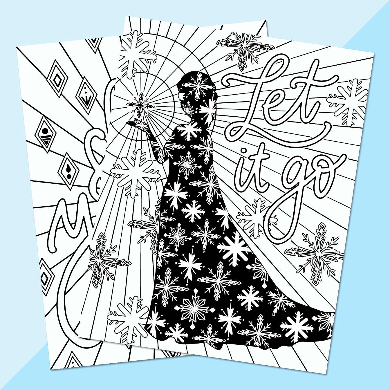 free printable elsa coloring pages with two examples on blue background