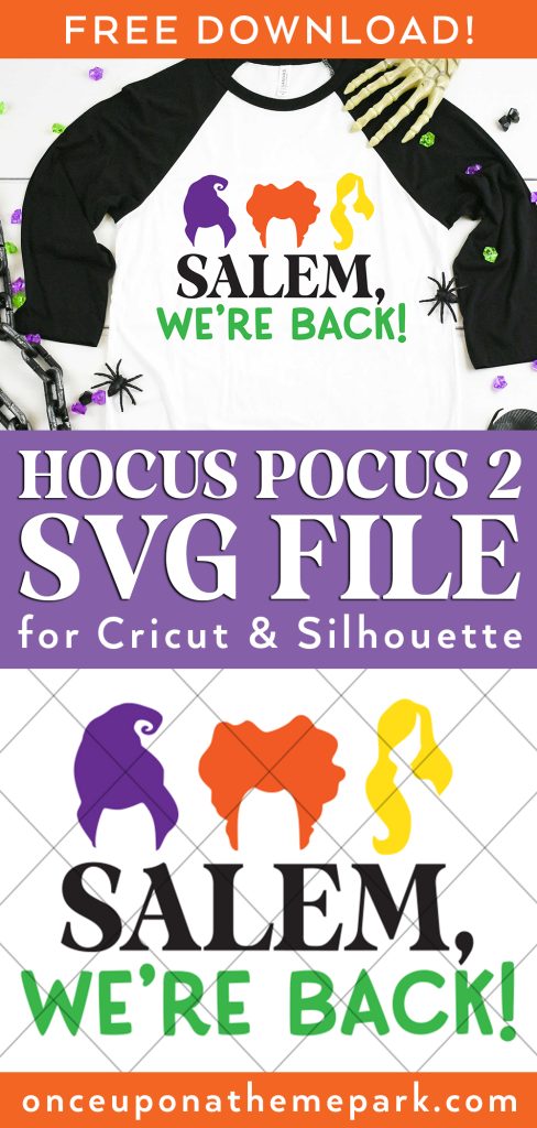 Free Hocus Pocus 2 SVG File on Black and White Baseball Shirt and close up of free SVG behind security grid