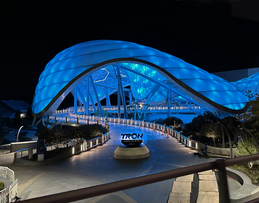 tron lightcycle power run at night at magic kingdom in disney world